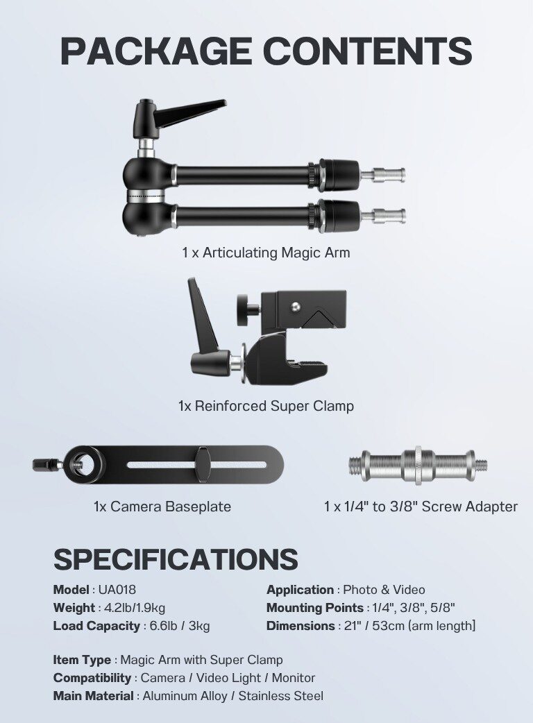 Neewer ua018 magic arm 21 with super clamp ที่ยึดกล้อง ปรับได้ ปรับมุมได้ 360° รองรับน้ำหนัก 3kg (16)
