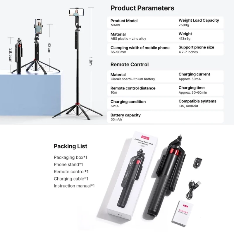 Ulanzi ไม้เซลฟี่ ขาตั้งมือถือ MA09 Bluetooth สำหรับ สมาร์ทโฟน Monopod Tripod for smartphone
