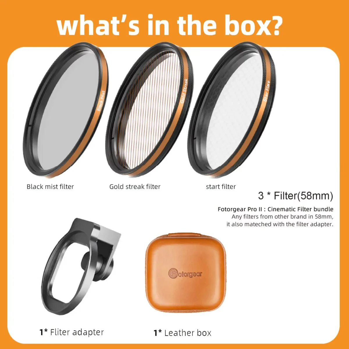 Fotorgear Filter Pro 58mm ฟิลเตอร์มือถือ ฟิลเตอร์โทรศัพท์ Filter iPhone Star filter, Gold filter, Black mist filter, VND filter, CPL filter
