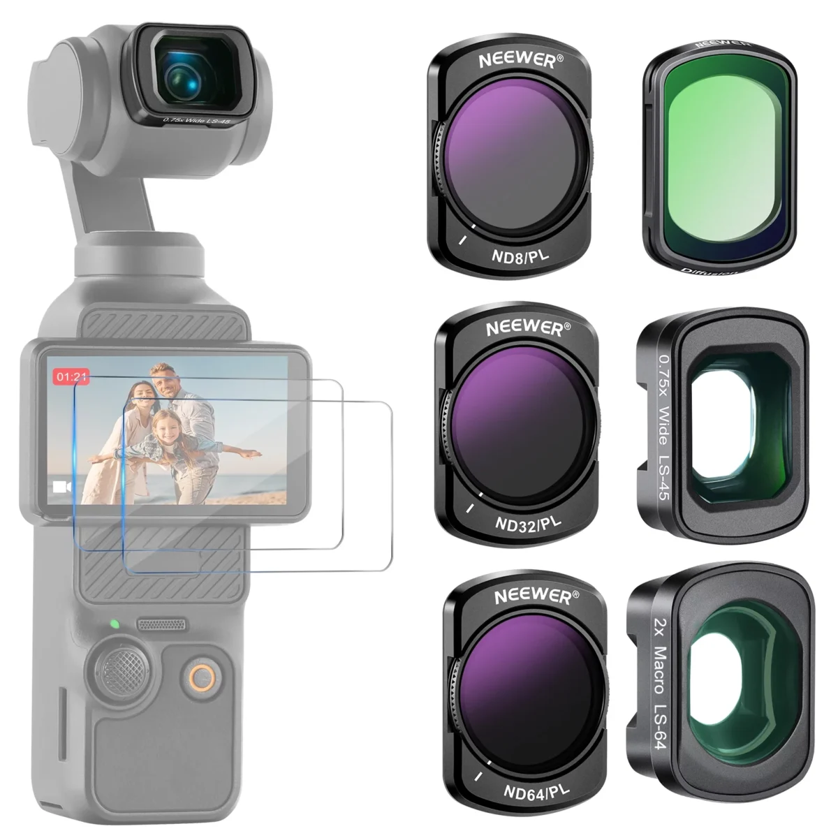 NEEWER FL B16 ND/PL Filter Set with 0.75X Wide Angle 2X Macro Lens for DJI Osmo Pocket