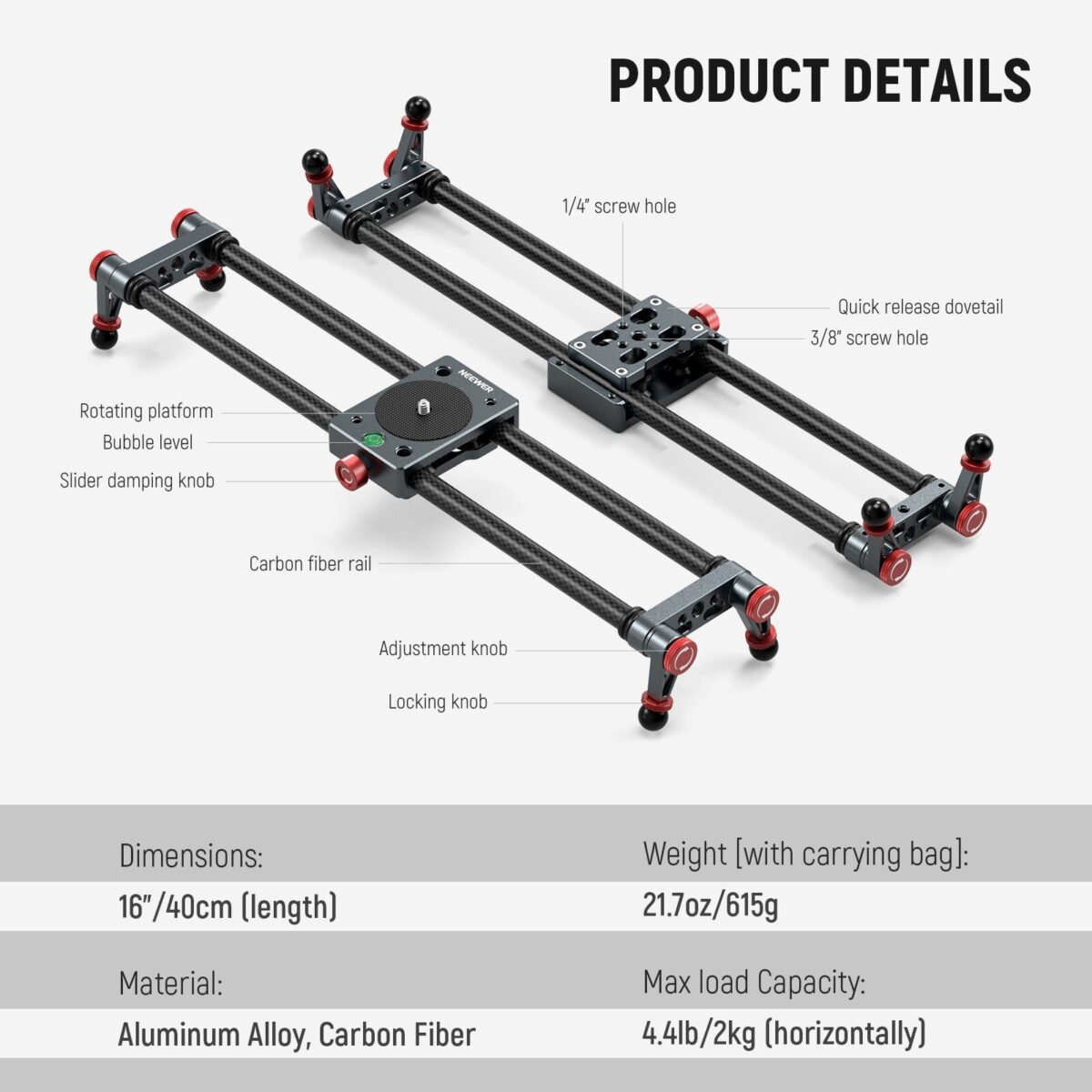 NEEWER CS1MCS2M Carbon Fiber Camera Slider สไลเดอร์กล้องคาร์บอนไฟเบอร์ขาปรับได้ 4060cm สำหรับกล้องและสมาร์ทโฟน (8)
