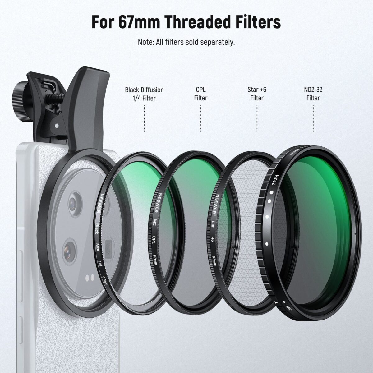 NEEWER LA008 67mm Phone Filter Clamp คลิปยึดฟิลเตอร์ 67mm สำหรับสมาร์ทโฟน รองรับ iPhone และ Android
