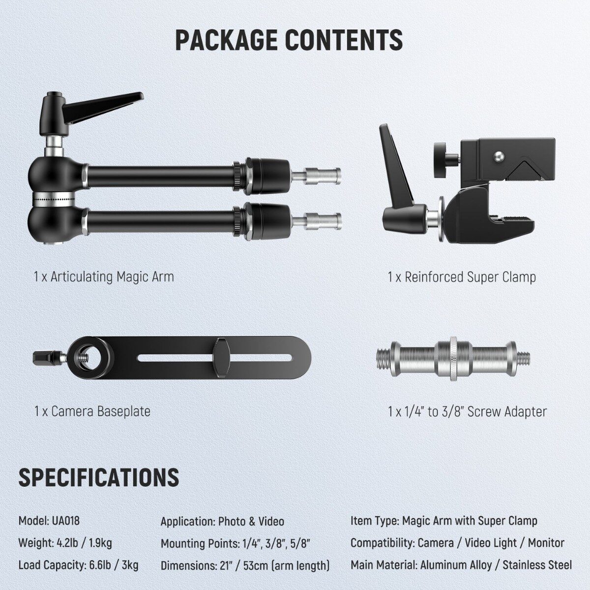 NEEWER UA018 Magic Arm 21 With Super Clamp ที่ยึดกล้อง ปรับได้ ปรับมุมได้ 360° รองรับน้ำหนัก 3kg (7)