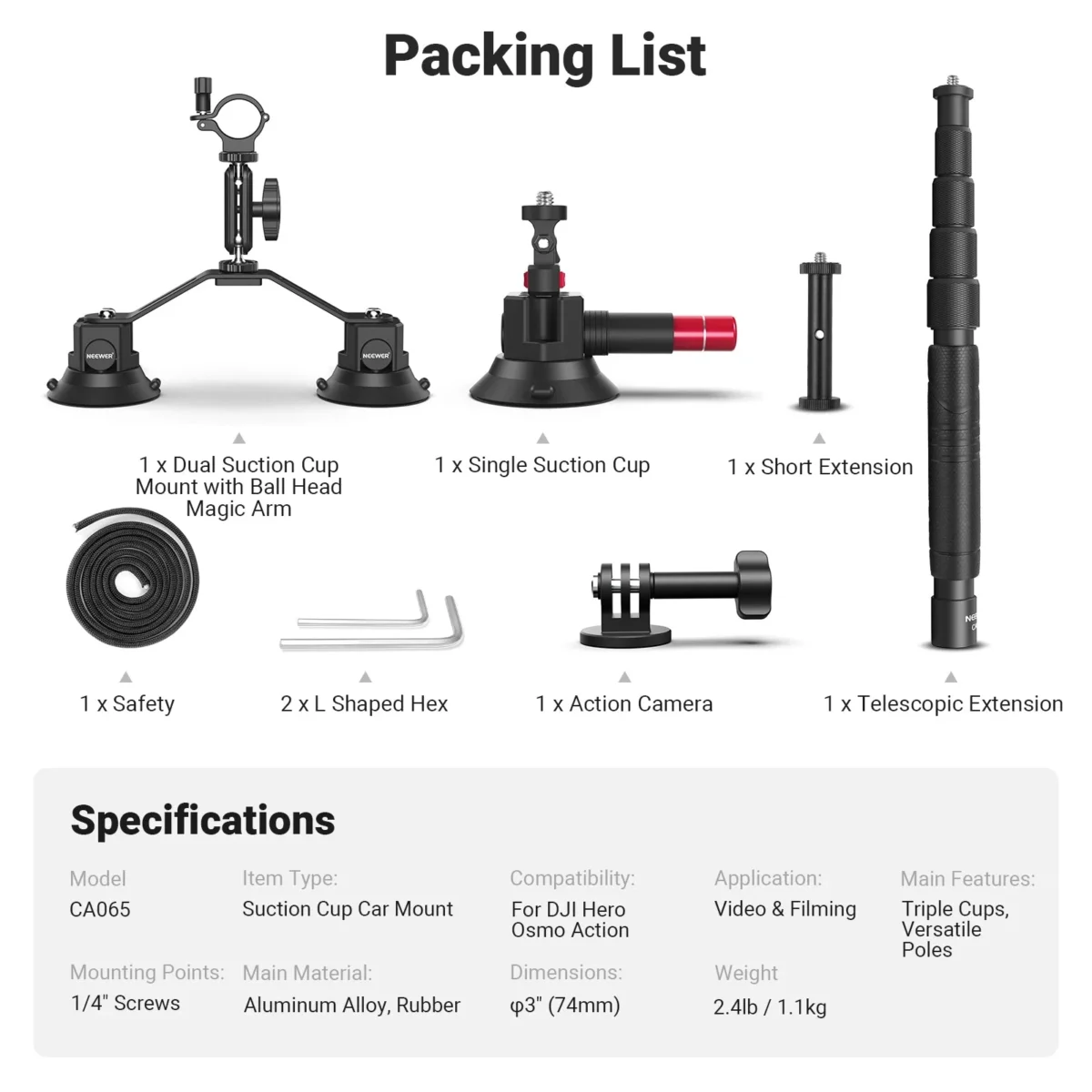 1 Neewer CA065 Triple Suction Cup Car Mount Kit