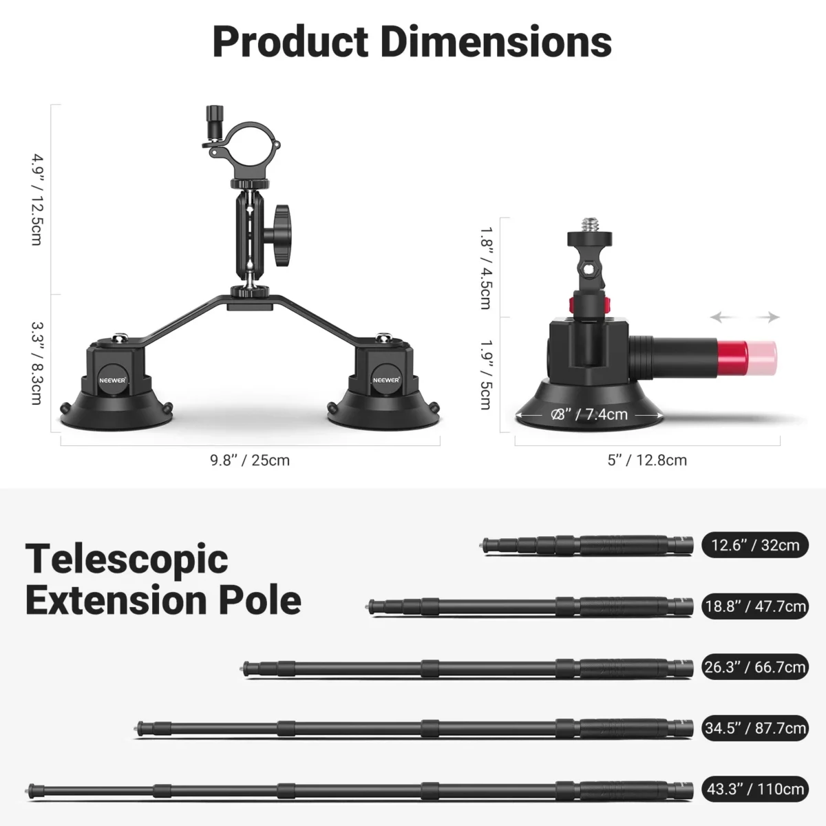 5 Neewer CA065 Triple Suction Cup Car Mount Kit