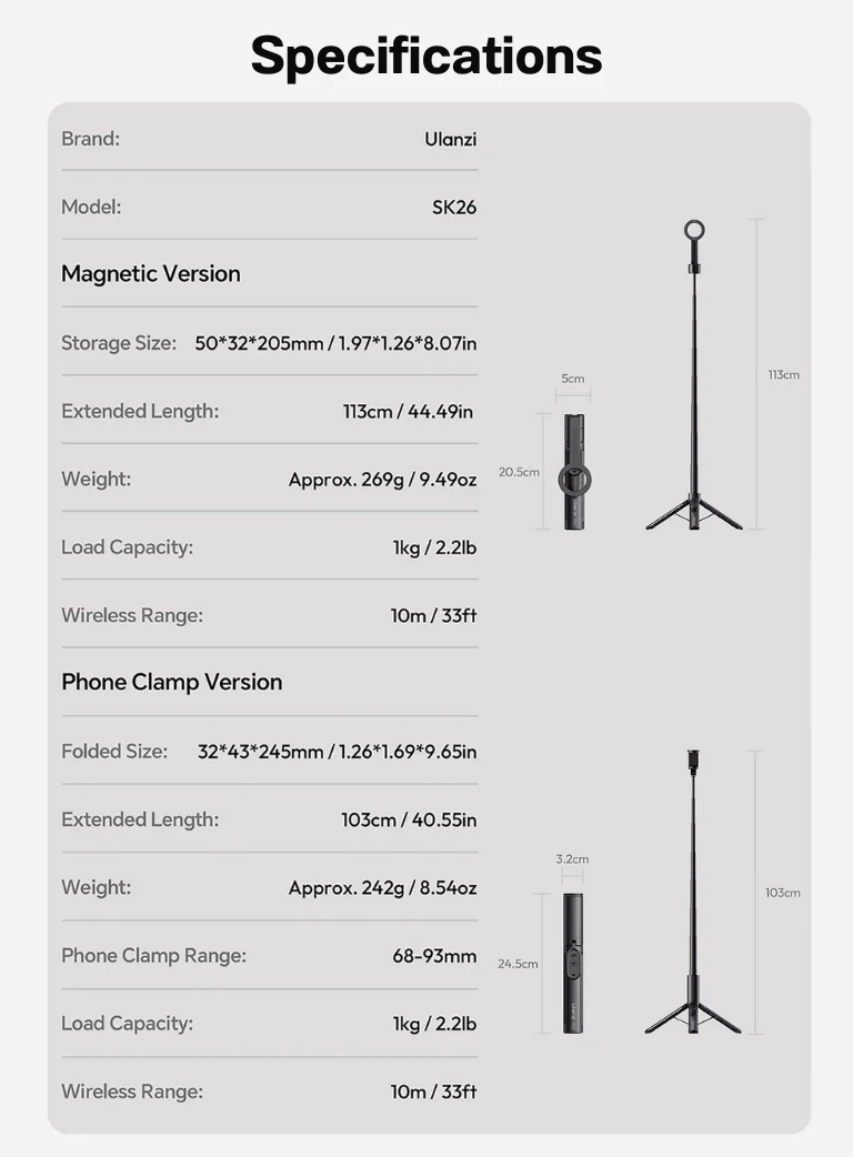 Ulanzi SK26 Portable Selfie Stick Tripod with Magnetic Phone Holder (13)