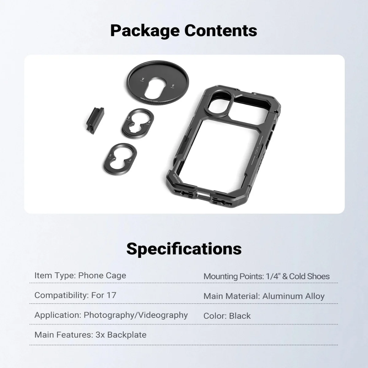 Neewer PA158 Cage with 67mm & 17mm & T Mount & Rubber for iPhone 17 (9)
