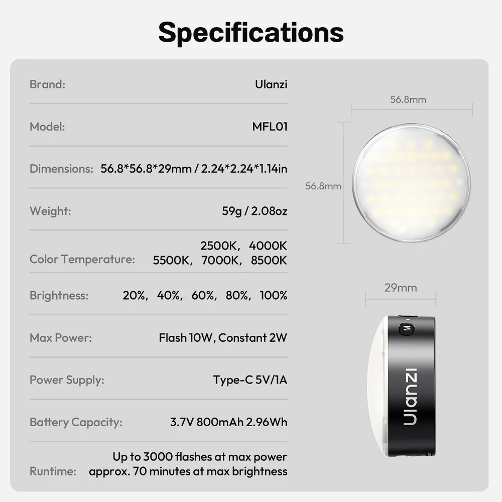 Ulanzi แฟลชพกพาติดมือถือ MFL01 แรง 10W ปรับอุณหภูมิสีได้ Mini Phone Flash