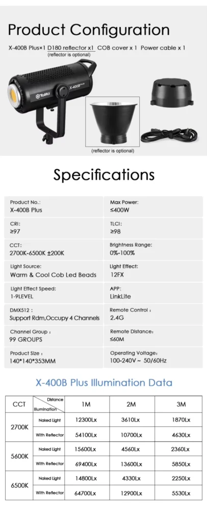 Tolifo X 400B Plus COB LED Video Light Bi Color 400W 22