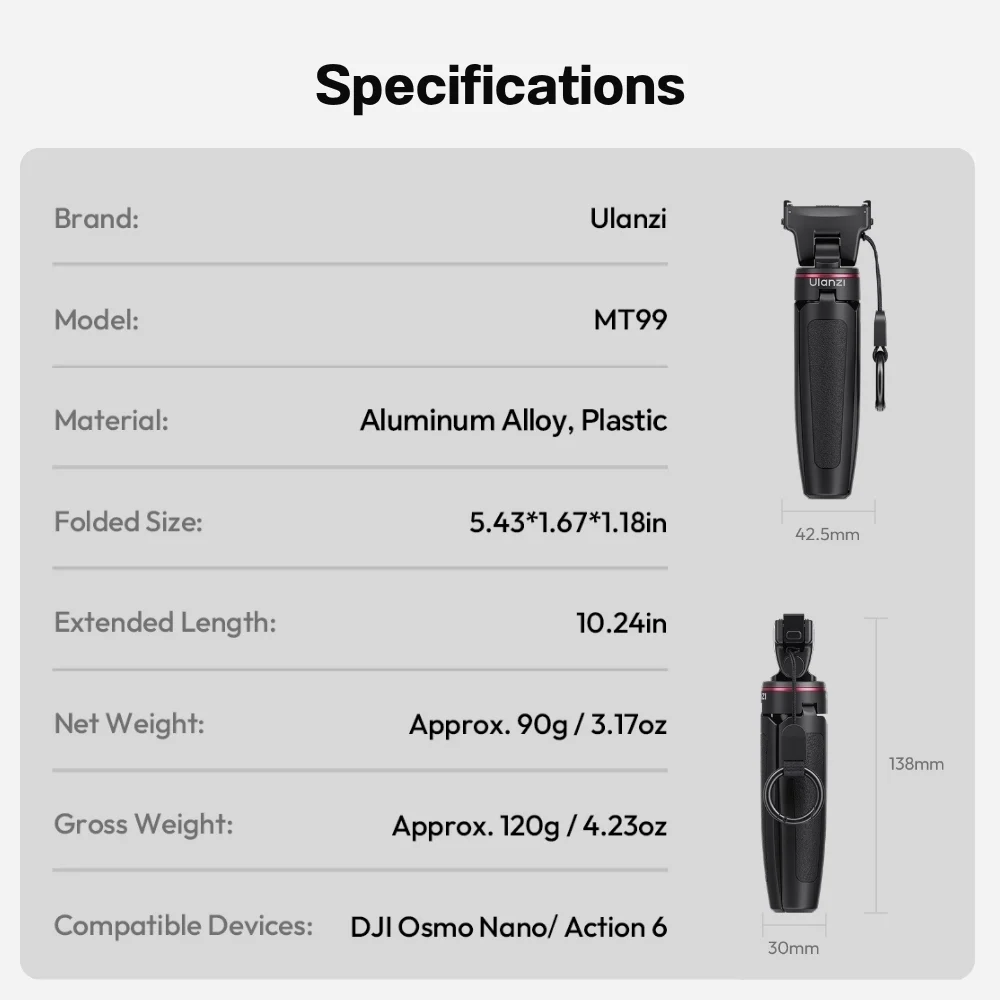 Ulanzi ขาตั้งกล้อง MT99 ไม้เซลฟี่ 2in1 สำหรับ DJI Action 6 / Nano ระบบแม่เหล็กล็อค 2 ชั้น