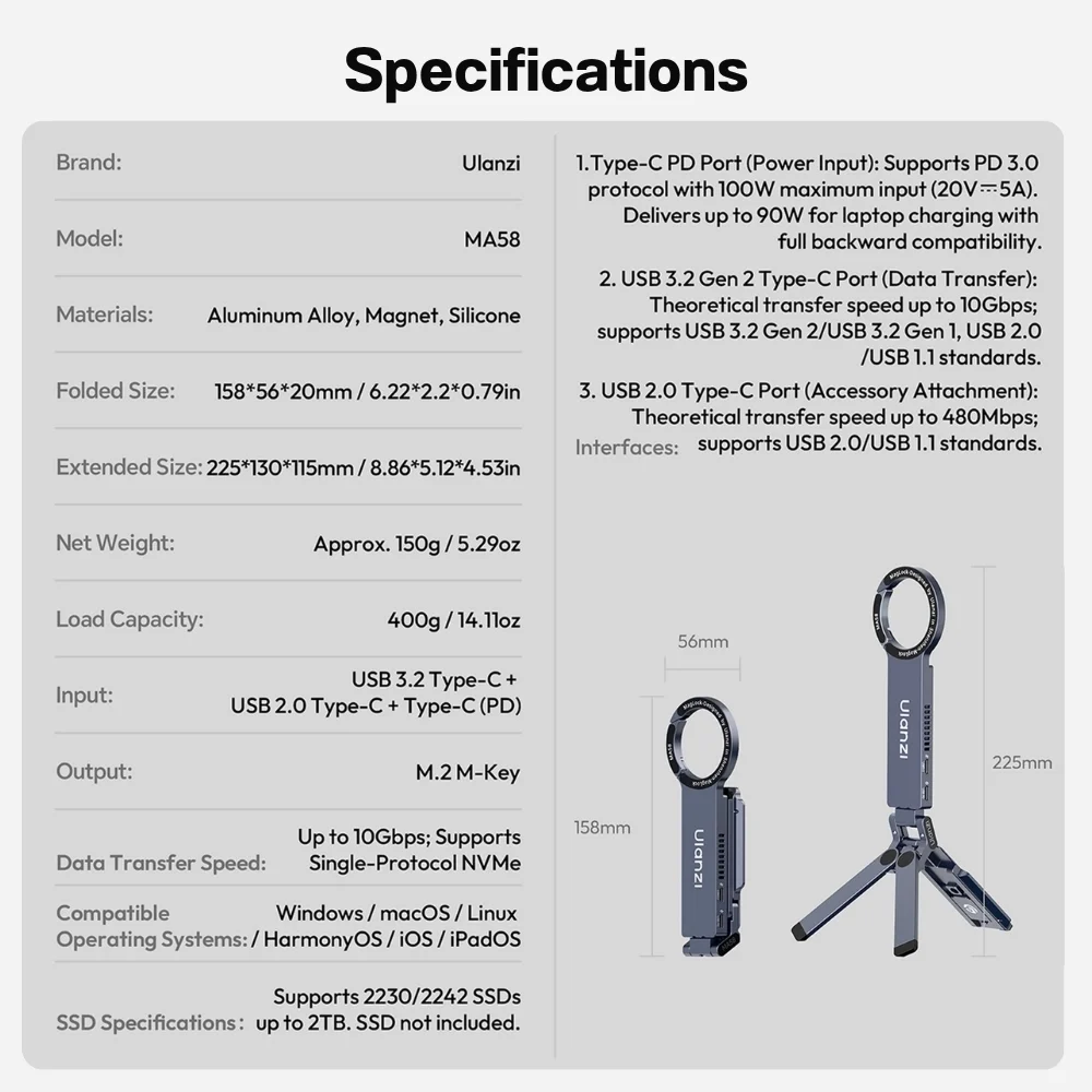 Ulanzi ขาตั้งมือถือ MA58 ขาตั้ง Magsafe พร้อมช่องใส่ SSD Enclosure 2in1