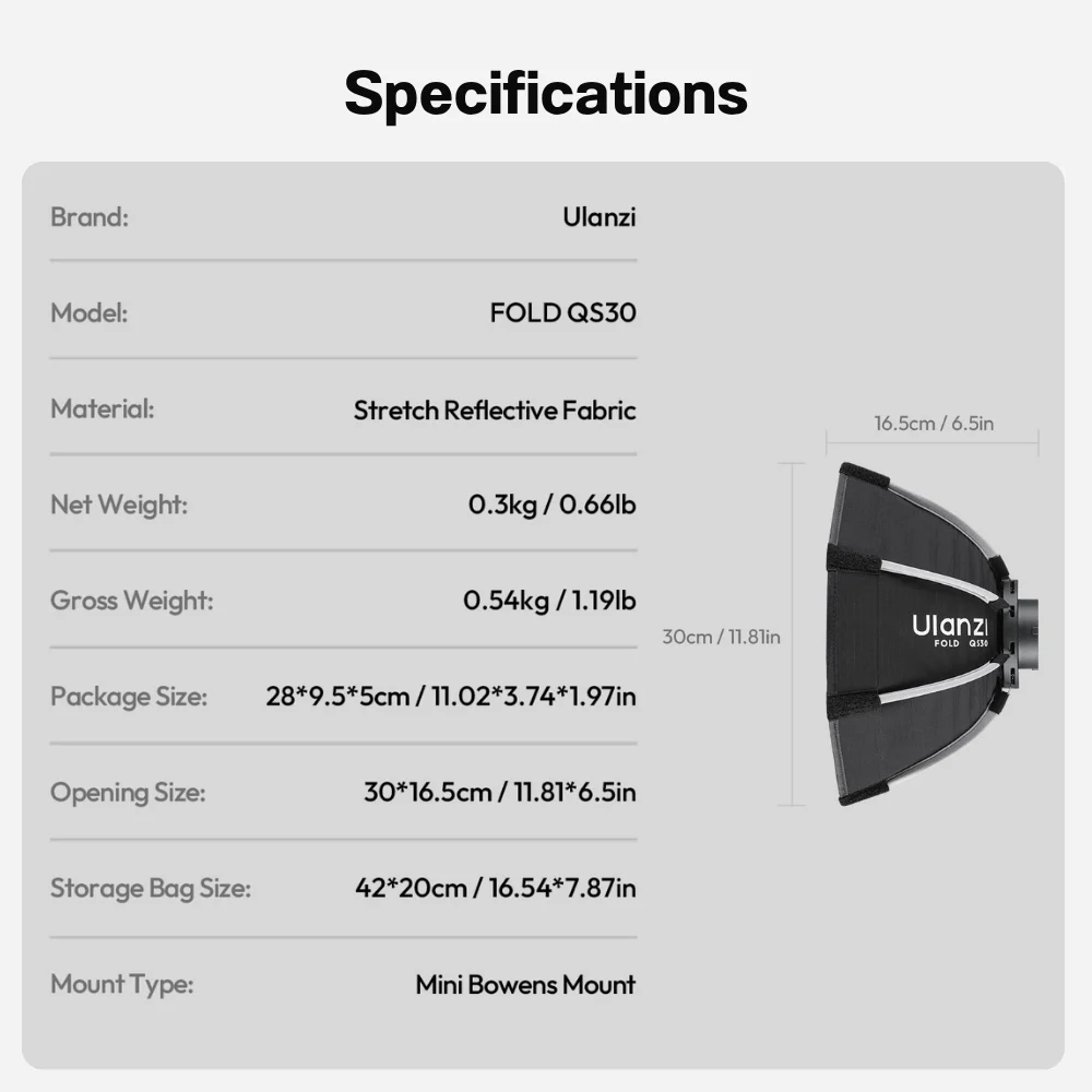 Ulanzi QS30 ซอฟต์บ็อกซ์แปดเหลี่ยม FOLD Softbox Quick Release ขนาด 30 ซม. หัวต่อ Mini Bowens Mount