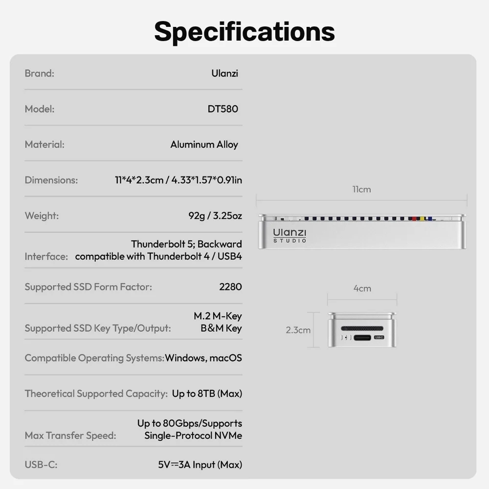 Ulanzi กล่อง SSD M.2 NVMe DT580 Thunderbolt 5 โอนถ่ายข้อมูลความเร็วสูงสุด 80Gbps