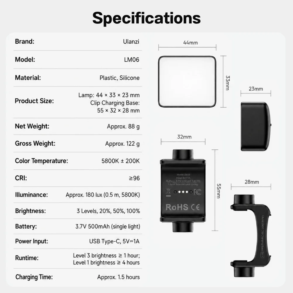 Ulanzi ไฟคู่แม่เหล็ก LM06 Fill Light 5800K ไฟสำหรับ กล้อง DJI Osmo Pocket 4/3