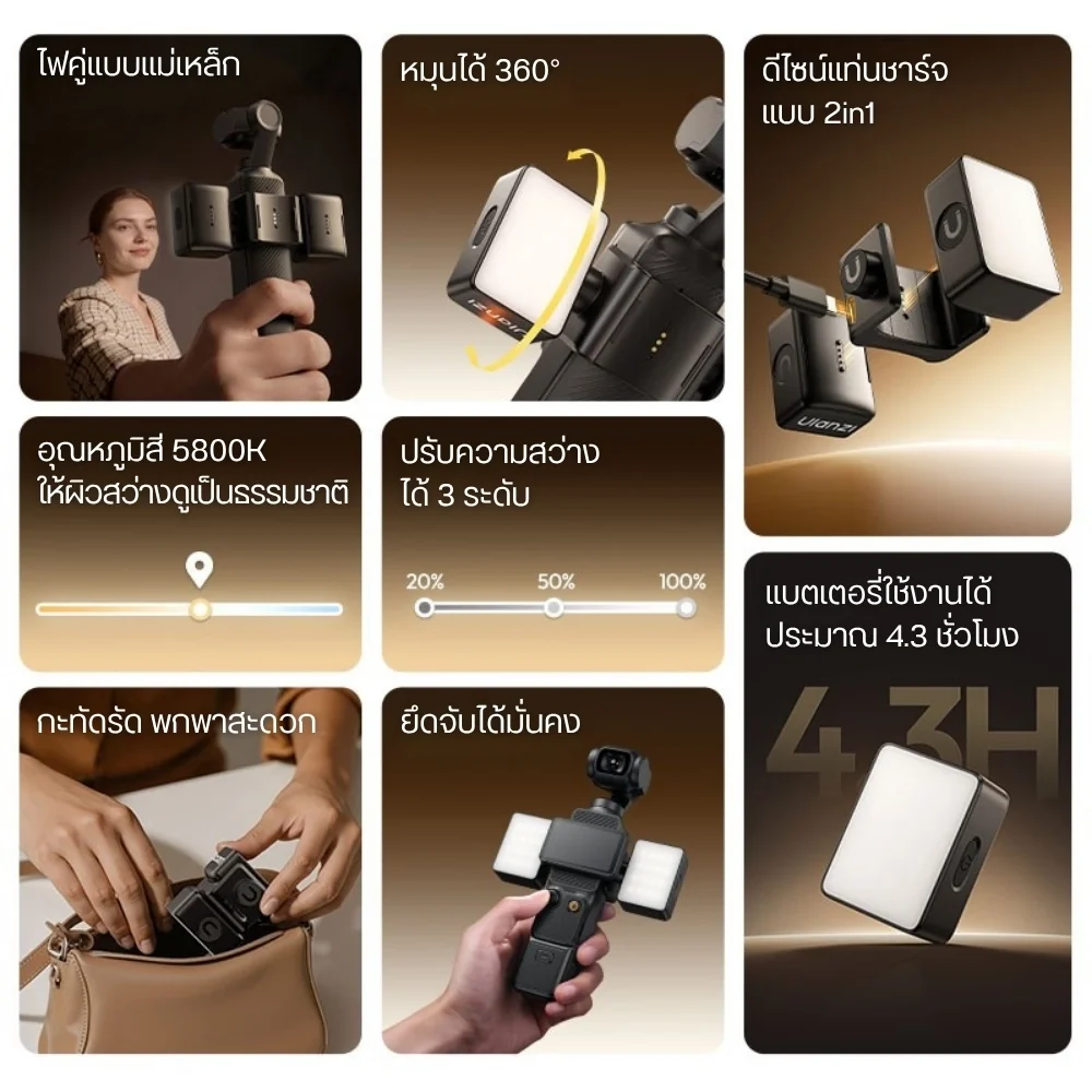 Ulanzi ไฟคู่แม่เหล็ก LM06 Fill Light 5800K ไฟสำหรับ กล้อง DJI Osmo Pocket 4/3