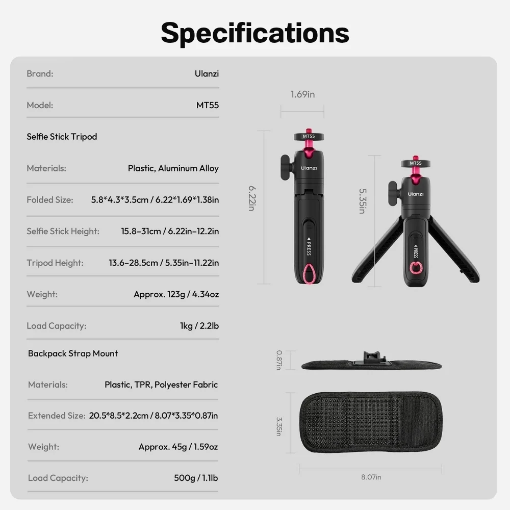Ulanzi ขาตั้งกล้อง MT55 Mini Selfie Stick 1/4 Mount ไม้เซลฟี่ พร้อมขา Mantis