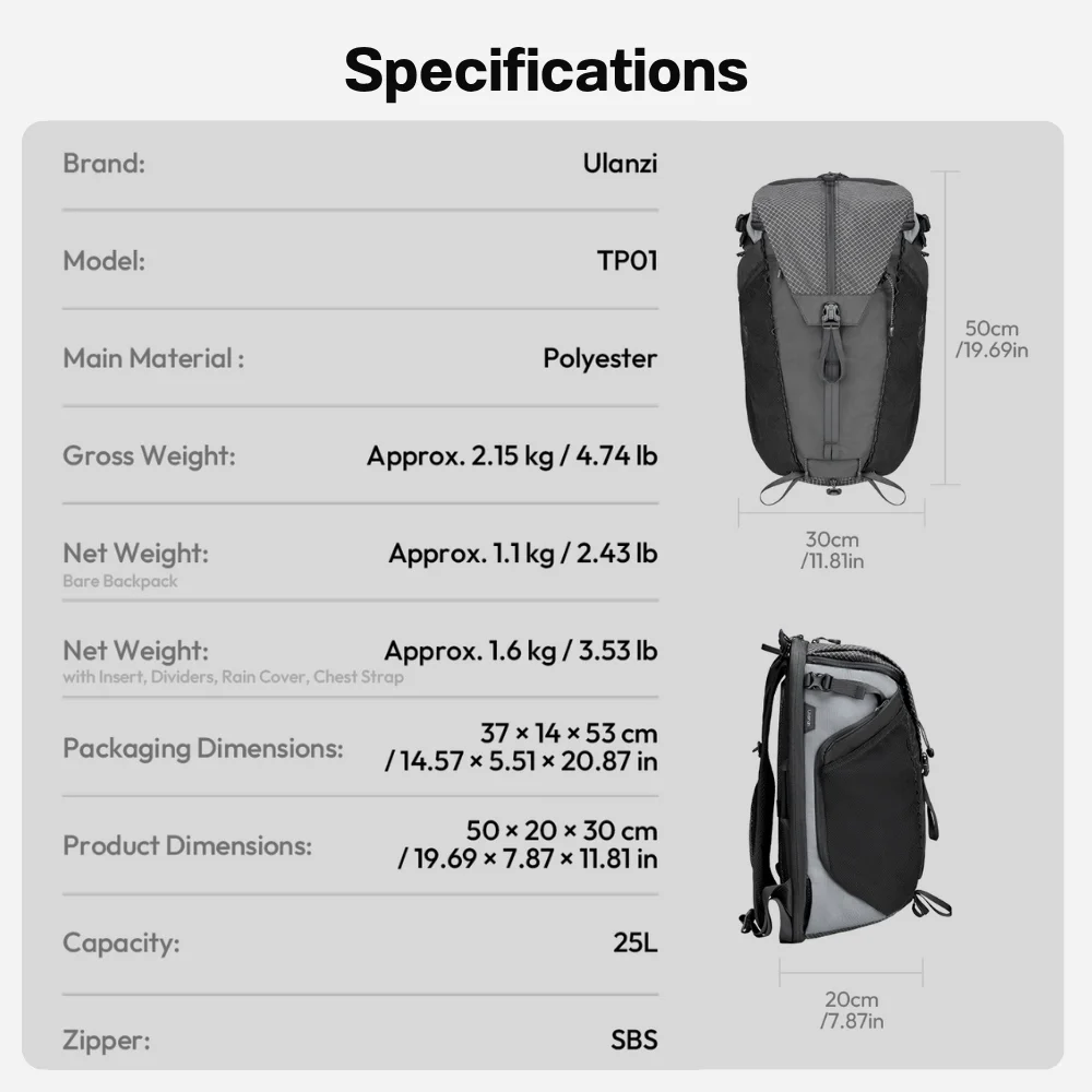 Ulanzi กระเป๋ากล้อง TP01 Travel Backpack 25L กระเป๋าสะพายหลัง กันละอองน้ำ