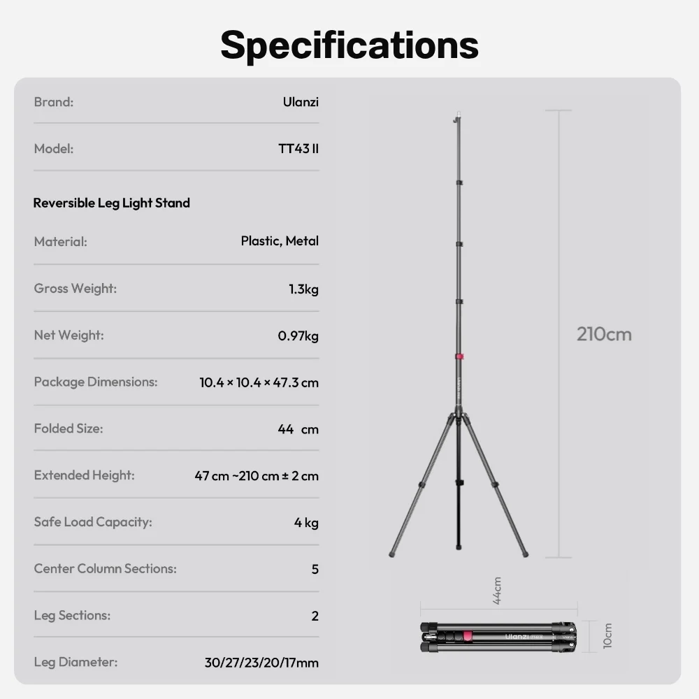 Ulanzi ขาตั้งไฟ TT43 II Light Stand สูง 2.1 เมตร พร้อม Tilt Head 1/4"