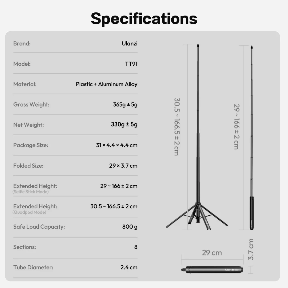 Ulanzi ไม้เซลฟี่ TT91 Auto-Open Extension Pole ขาตั้งกล้อง 360 กางอัตโนมัติ ยืดสูง 1.66 ม.