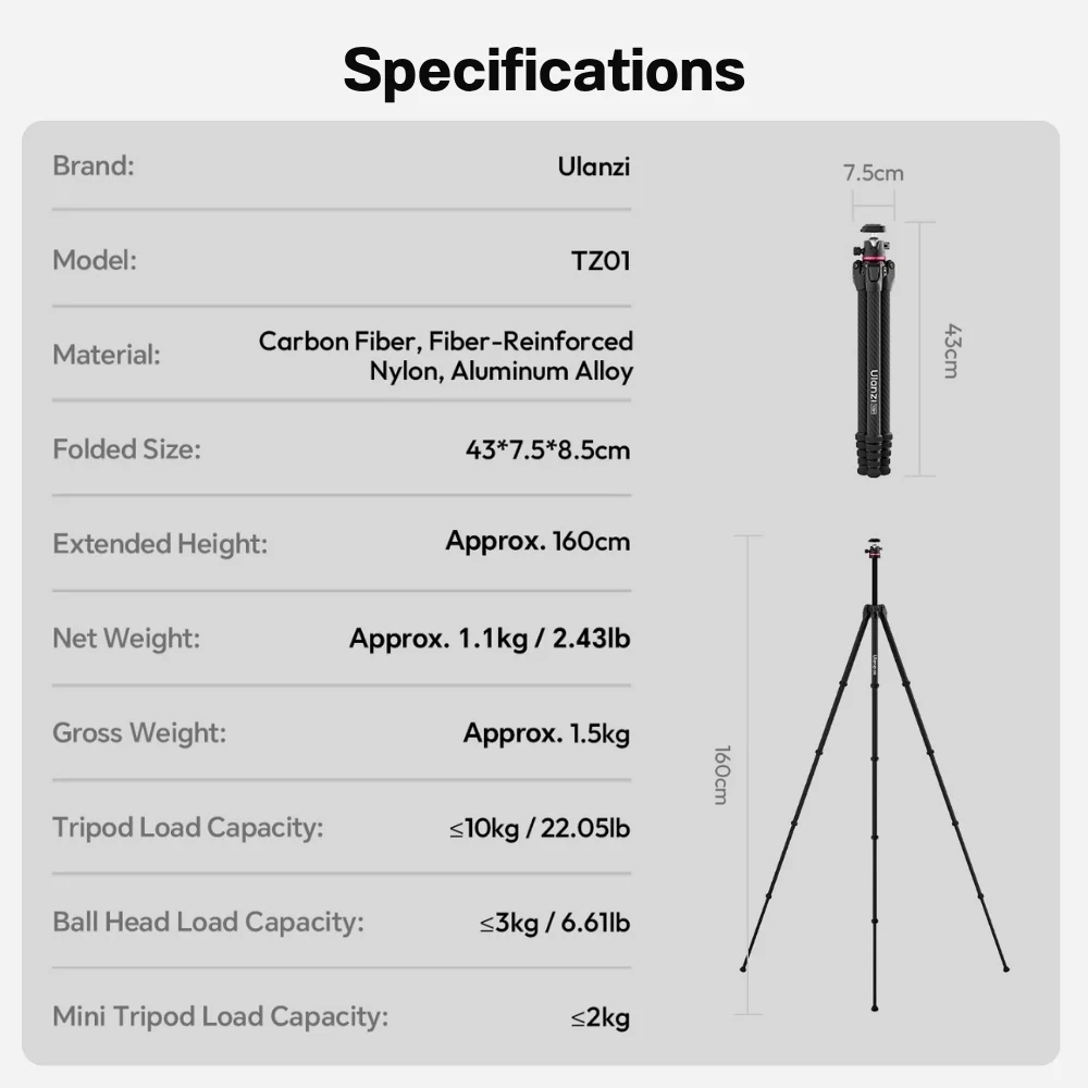 Ulanzi ขาตั้งกล้อง คาร์บอนไฟเบอร์ TZ01 Versatile 2-in-1 Carbon Fiber Tripod ขนาดพกพา