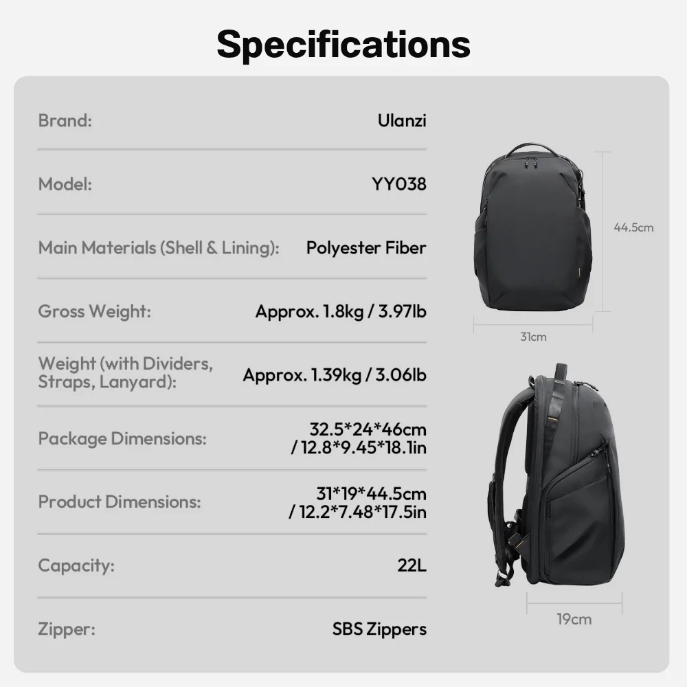 Ulanzi YY038 Urban Travel Backpack V2 22L กระเป๋ากล้อง กระเป๋าสะพายหลัง