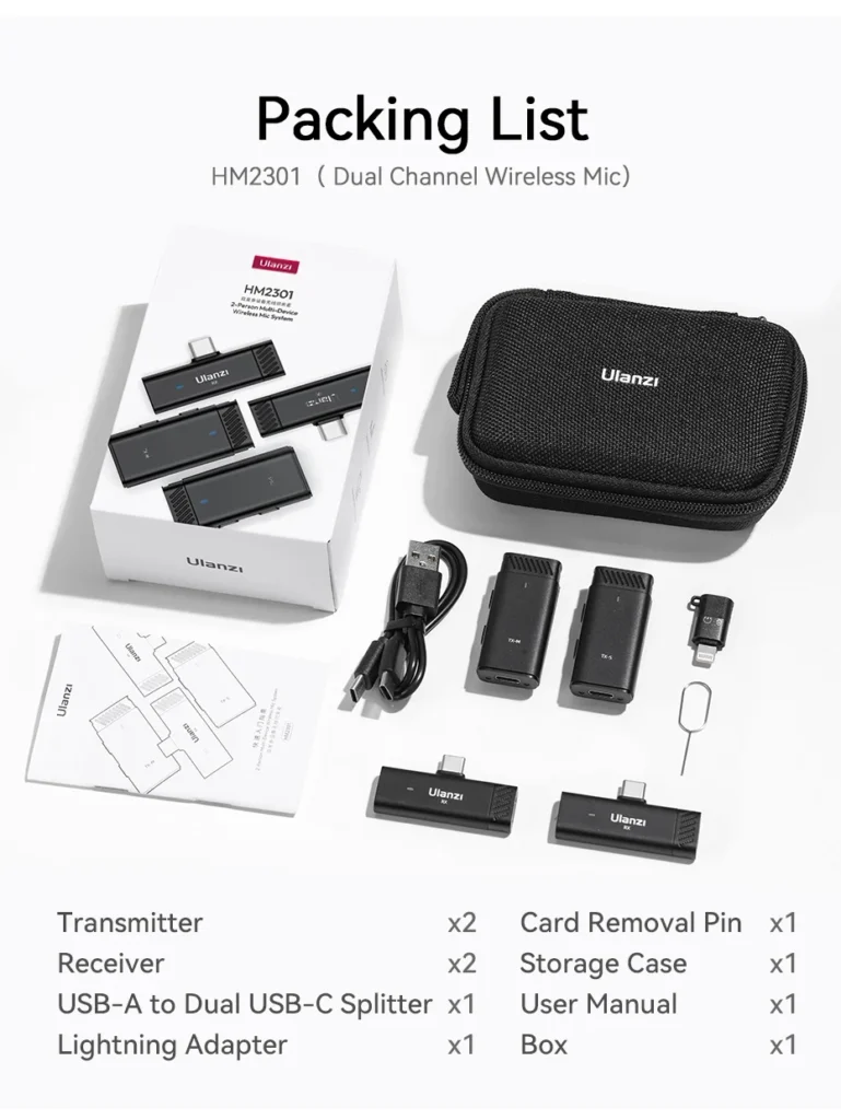 Ulanzi ไมค์ไร้สาย HM2301 Dual Channel ไมค์คู่ ใช้งานได้ 2 อุปกรณ์พร้อมกัน หัวต่อ USB-C